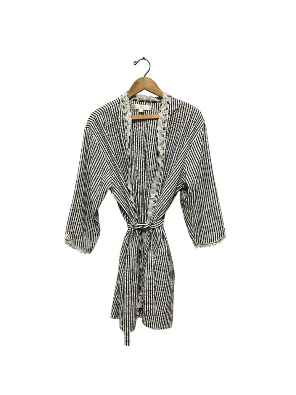 Eileen West Seersucker Robe Black White Stripe Lace Tie Waist Women Medium Wrap